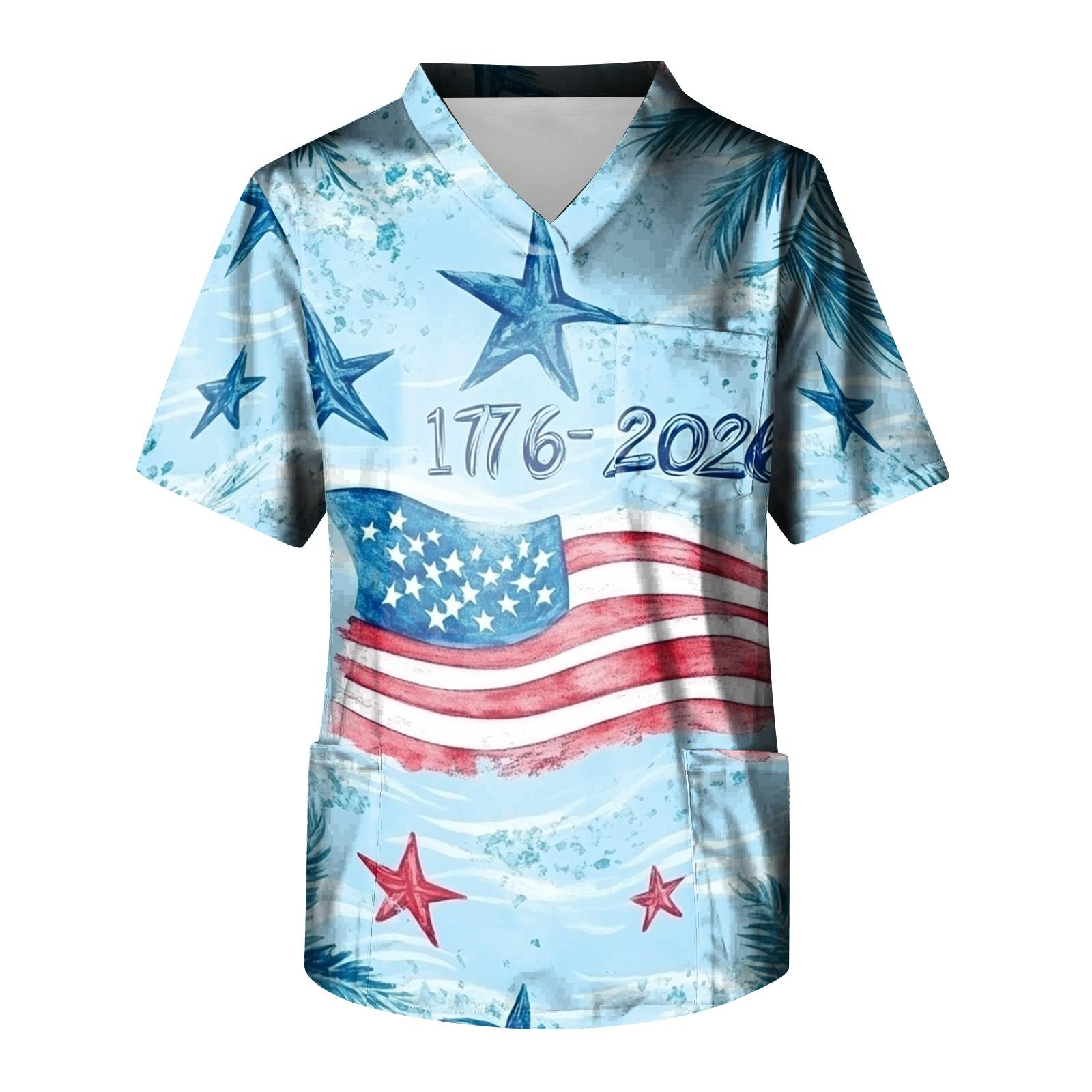 

Men s Independence Day Printed Medical Scrub Top V Neck Tie Pocket Comfortable Fit Daily Workwear for Healthcare Professionals XXL