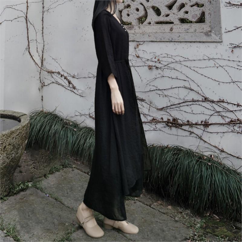 Johnature Woman Autumn Solid Color V-Neck Retro Dress Loose Chinese Style Casual Vintage Style Dress