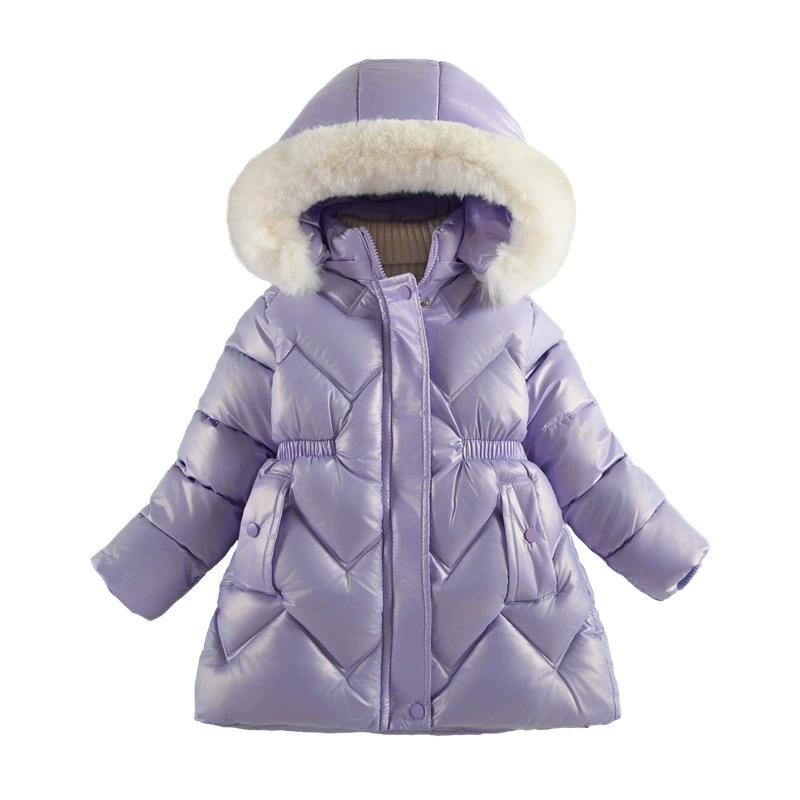 Winter Spring Boys Girls Jacket Solid Color Lining Plush Thick Warm Glossy Waterproof Hooded Parka for 4-10 Years Girls