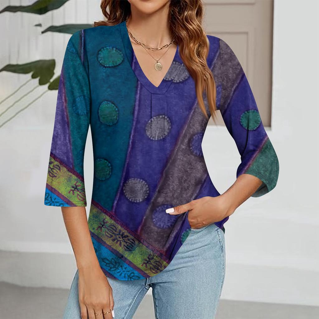 Modisches Oberteil mit V-Ausschnitt, Farbverlauf-Print und Dreiviertelärmeln für Damen