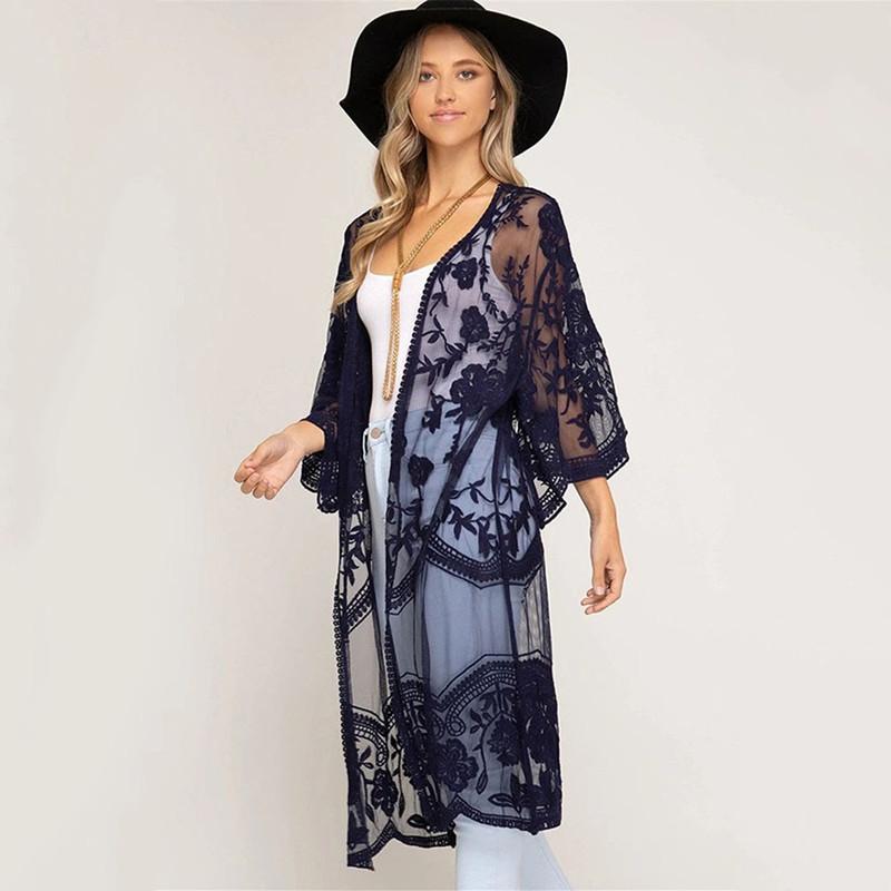 Summer New Lace Bikini Cover Up Sexy Sheer Mesh Embroidered Elegant Dress Casual Beach Cardigan Women Swimwear Cover Up Q894