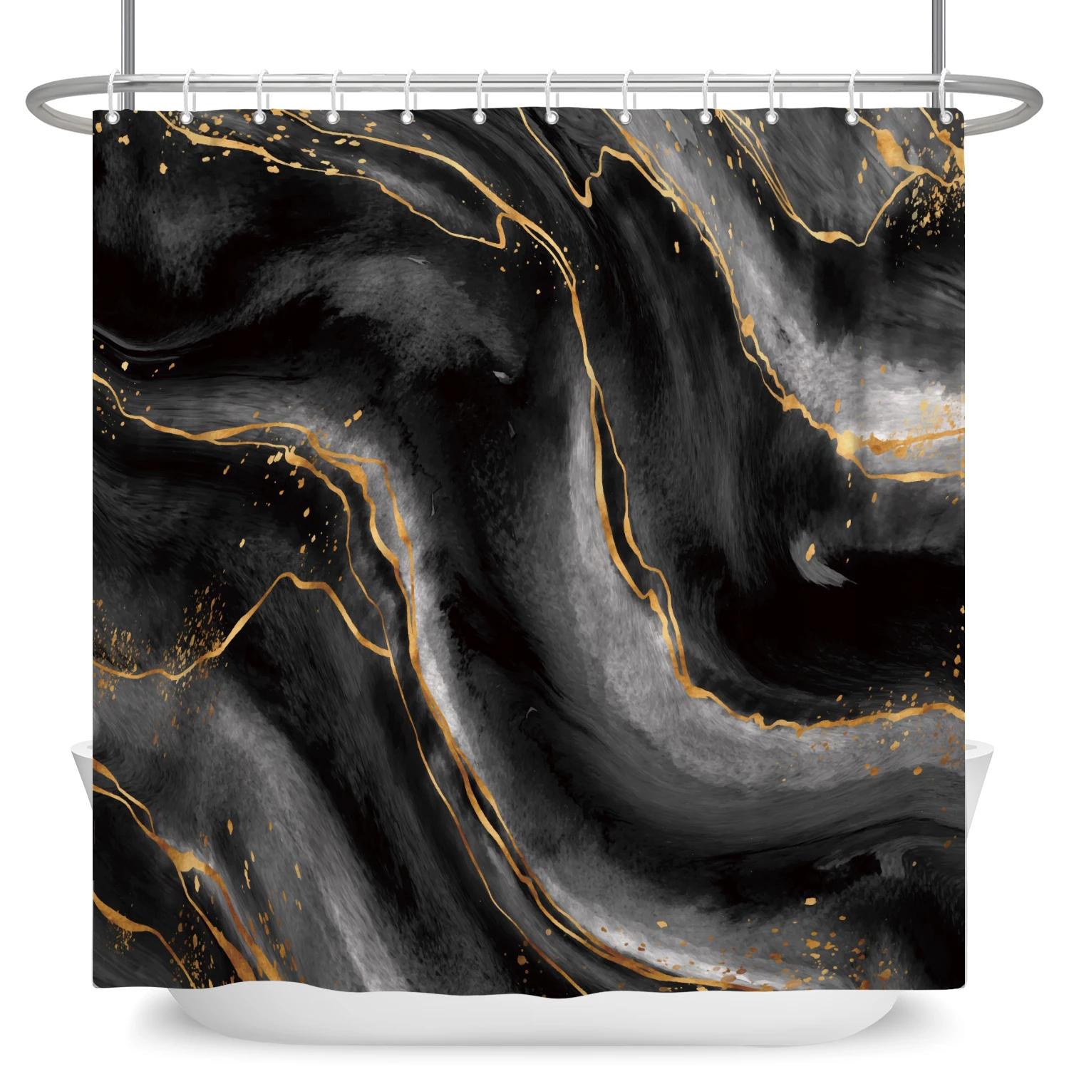 

Black Gold Marble Shower Curtains For Bathroom Abstract Golden Modern Luxury Shower Curtain Waterproof Fabric With Hooks W60H190(CM)-1 Pcs