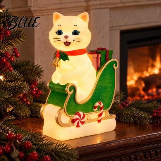 Christmas Cat Night Light Sleigh Light Synthetic Resin Decorative LED Indoor Party Decor USB Powered Lighted Figurine for Festive Holiday Cute Animal