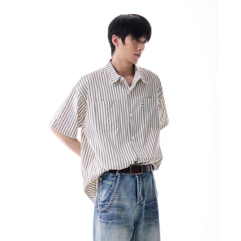 Dream Made American Retro Style Striped Casual Short-Sleeved Shirt for Men, Summer High-End Trendy Brand Shirt