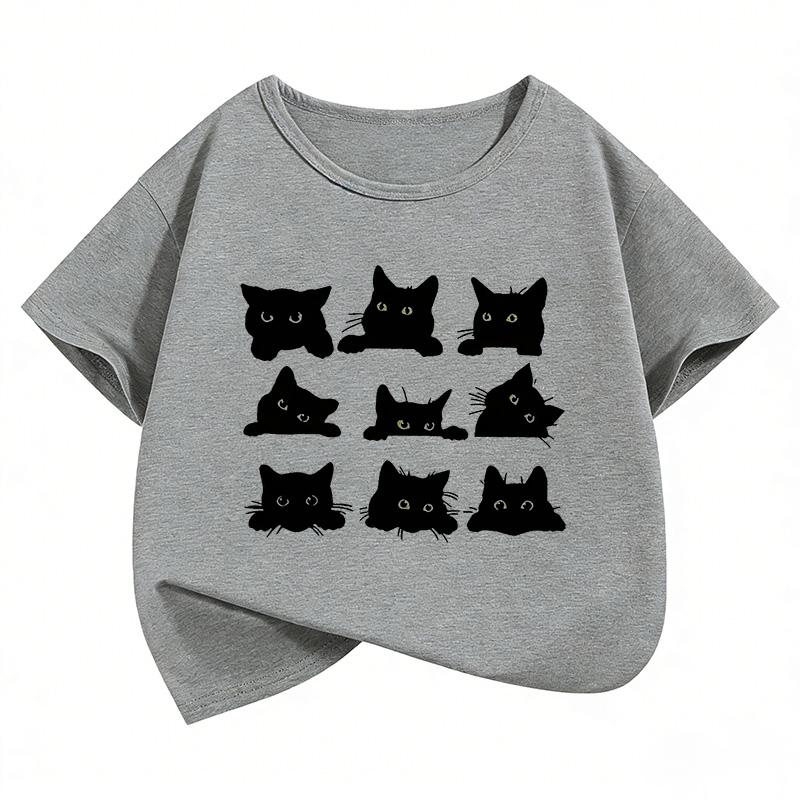 Cute Black Cat Graphic Kids Tshirts Summer Short Sleeve Tees Cartoon Animal Boys Girls Clothes Kawaii Tops Y2K Children Tshirt
