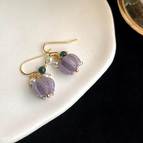 Retro oil painting flower earrings French super fairy purple oil drop earrings high-end earrings