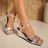 Fashion Luxury Gold Weave Strap Ankle Strap Sandals Women 2025 Summer Square Toe Wedge Heel Sandals Silver high Heel Dress Party Shoes