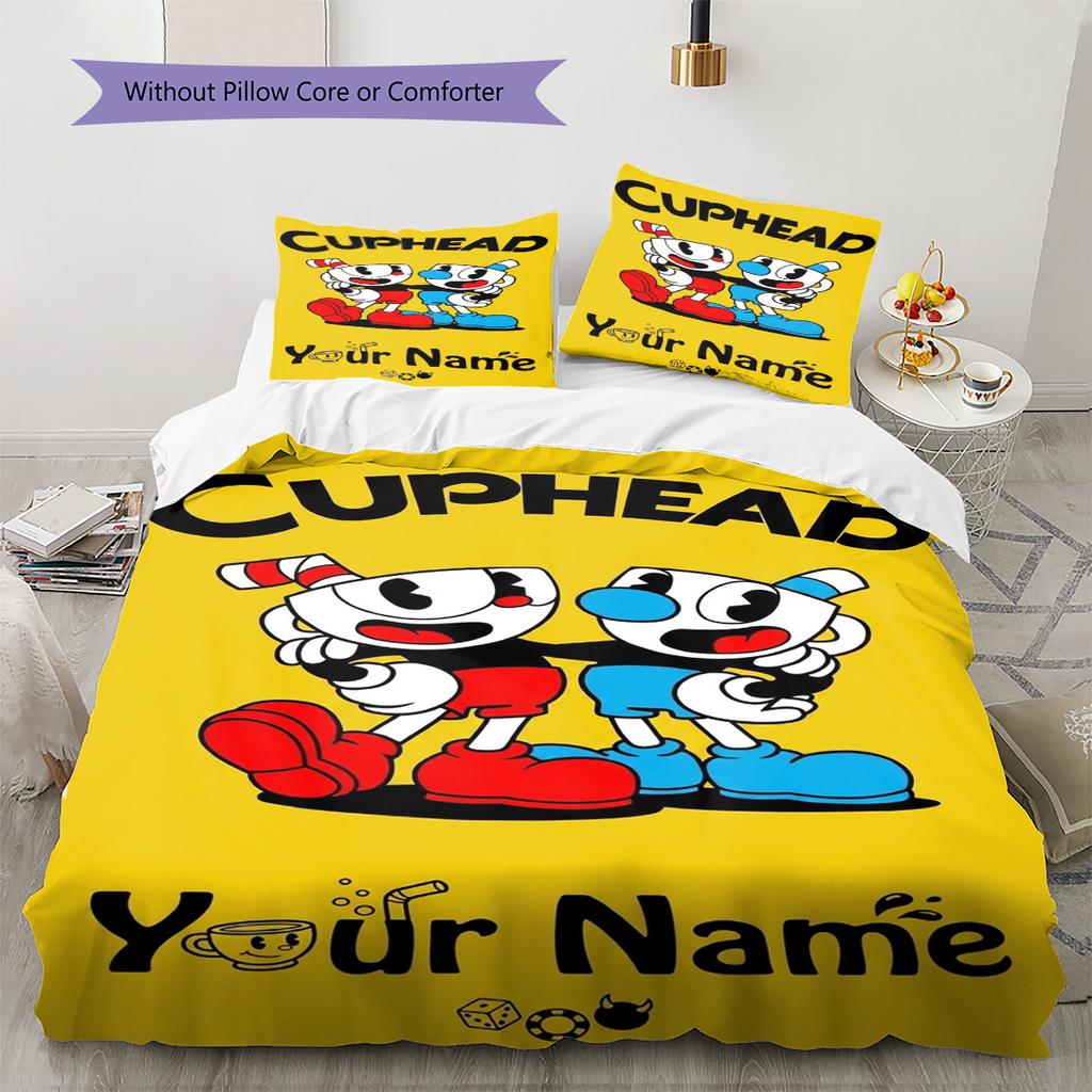 Name Custom Cuphead Game Pattern Bedding Set Quilt Cover Pillowcase Home Decor Gift (1 * duvet cover + 2 * pillowcase, without core)