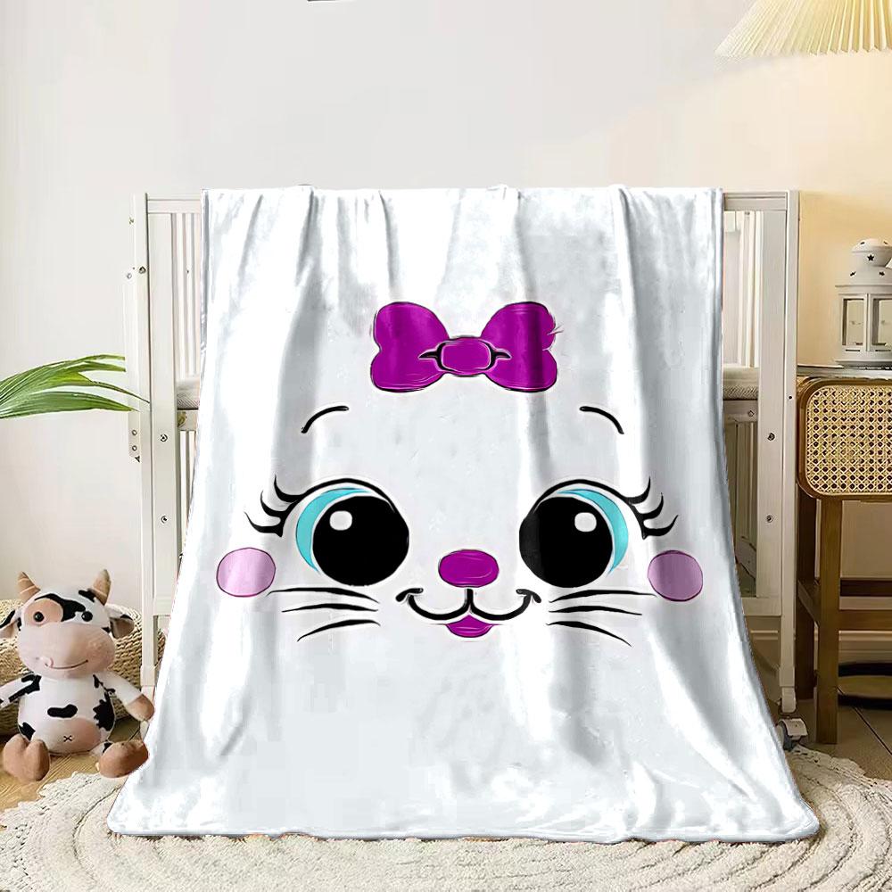 A cute cartoon cat face with big eyes, a purple bow, and whiskers. for all seasons blanket lunch break throw gift 80cm x 120cm