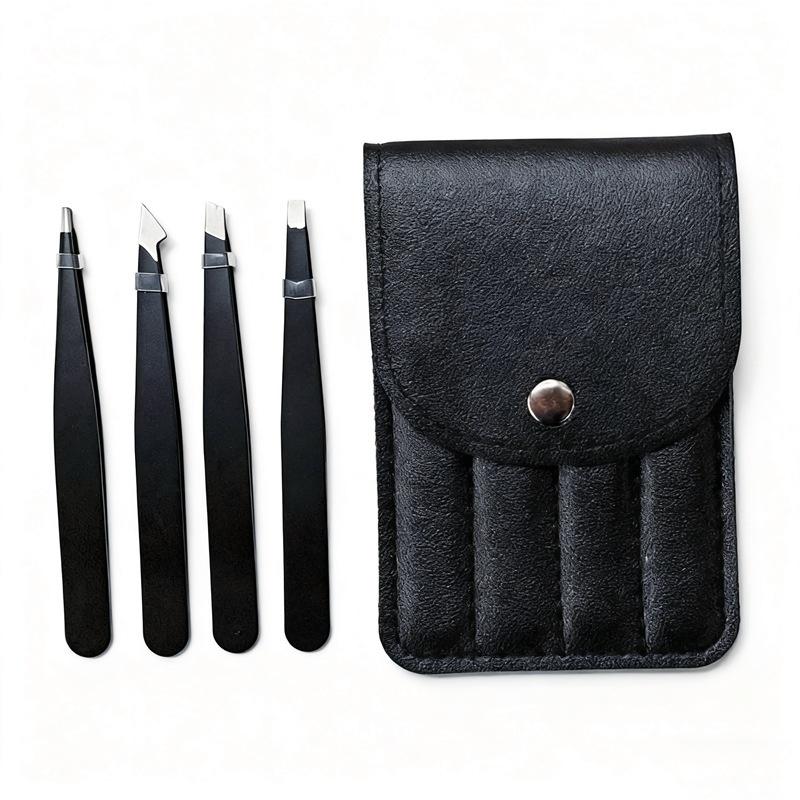 Colorful Stainless Steel 4 Pcs Tweezer Set For Women And Men's Eyebrows & Eyelashes Comes With Storage Bag