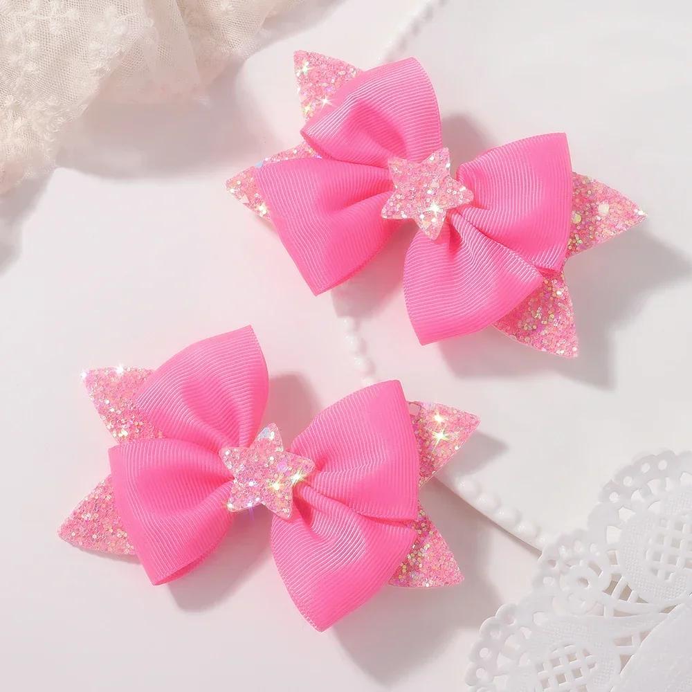 

2Pcs/Set Baby Girls Star Glitter Bowknot Hair Clips Boutique Fashion Ribbon Dovetail Barrette Hair Accessories for Girls