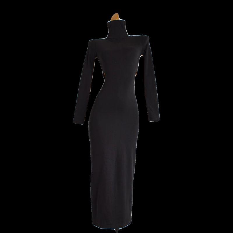Sample Clothes Western Style Sexy Tall High Collar Hollow-out Waist Fashion Long sleeve dress Women's Bag Hip over the Knee Long dress