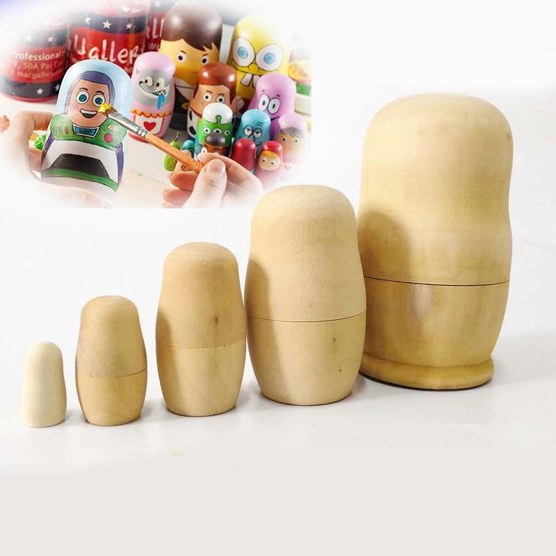 Diy 5pcs Unpainted Blank Wooden Embryos Russian Nesting Dolls Toy Matryoshka