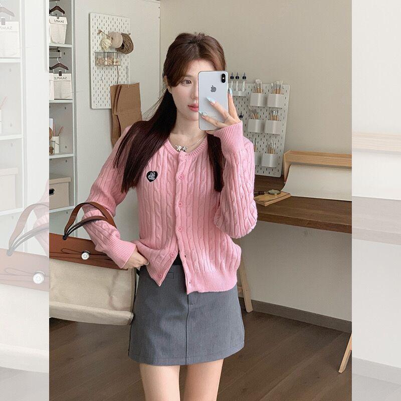 Korean College Style Round Neck Knit Cardigan Women Thin Sweater Spring Autumn Outerwear Short Top