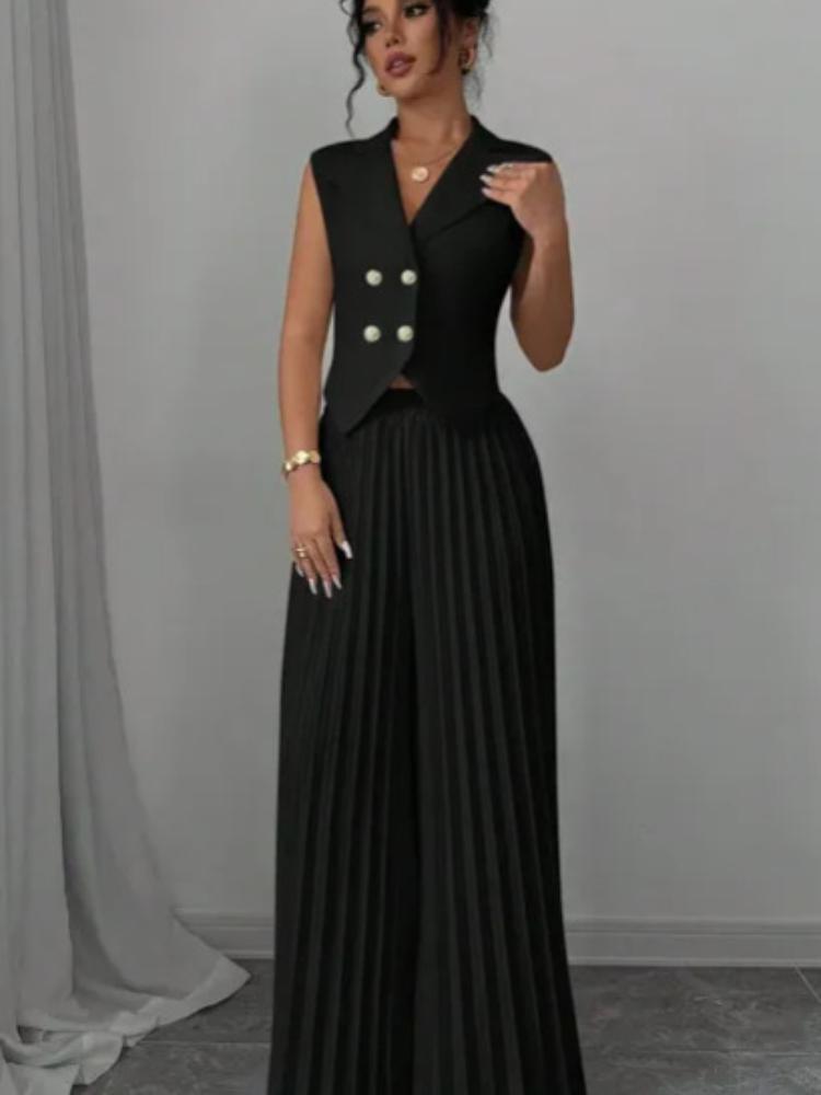 

Женский белый блейзер без рукавов двубортный с широкими плиссированными брюками M чёрный