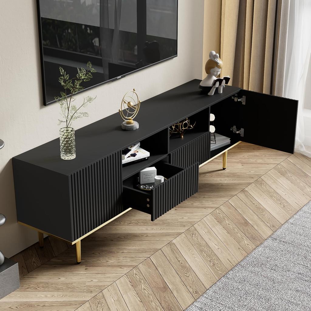 TV-Schrank, modernes TV-Möbel mit goldenen Beinen und Zierleisten, 2 Schubladen & 2 Fächer, elegantes Design