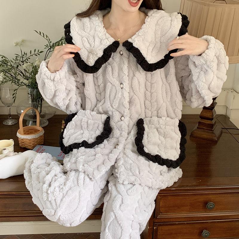 

Новая зимняя пижама из кораллового бархата для женщин, повседневная пижама с кукольным воротником, плюшевые брюки с длинными рукавами, комплект из двух предметов для дома M