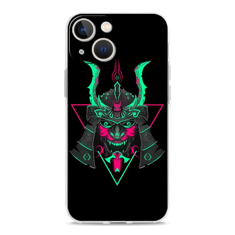 Luksusowe przezroczyste etui na telefon iPhone 15 14 13 12 11 Pro Max XS X XR 7 8 Plus Przezroczysta, odporna na wstrząsy obudowa Samurai Oni Mask neon