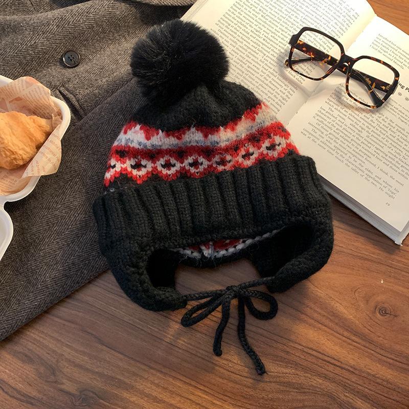 

Fair Island wind jacquard hairball Lei Feng hat retro ear protector wool hat thickened warm autumn and winter knitted hat tide One Size Elastic