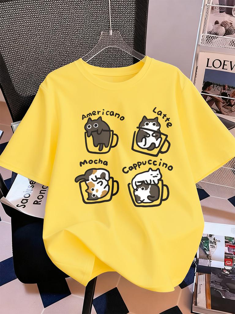 Cat Coffee Art Letter Printing TShirts Womens Summer Cotton Short Sleeve Tops ONeck Soft Loose T Shirt Casual Womans Clothes