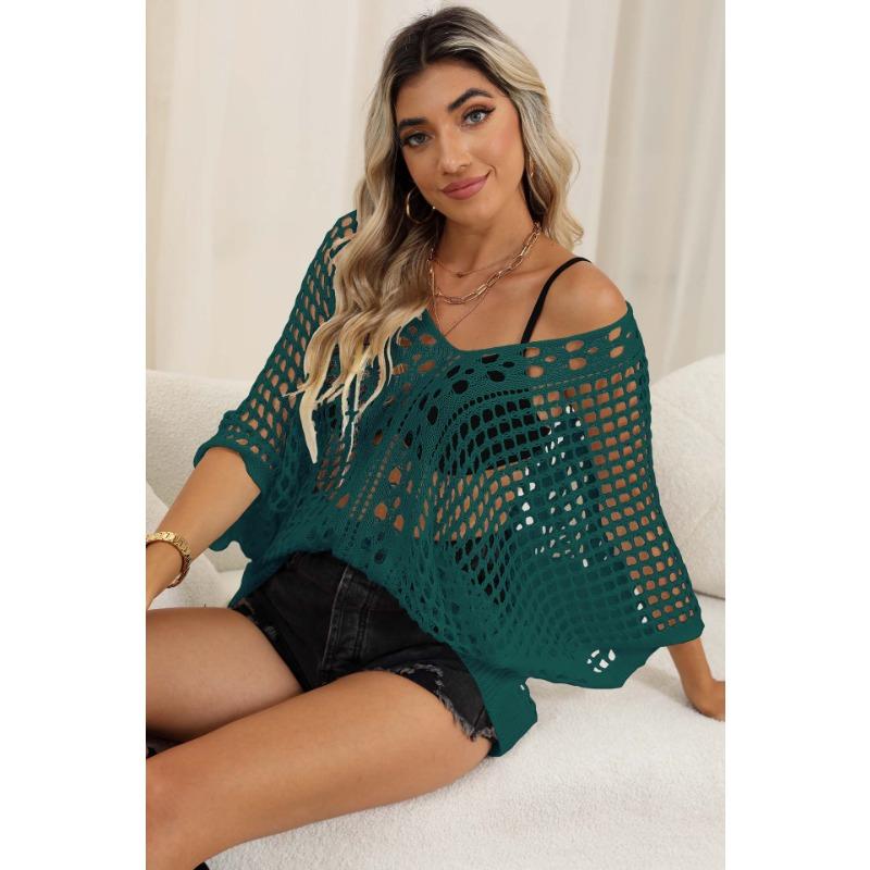 

Женские бикини с блузкой, ажурная трикотажная рубашка, рукав «летучая мышь», свободный повседневный топ One size темно-зеленого