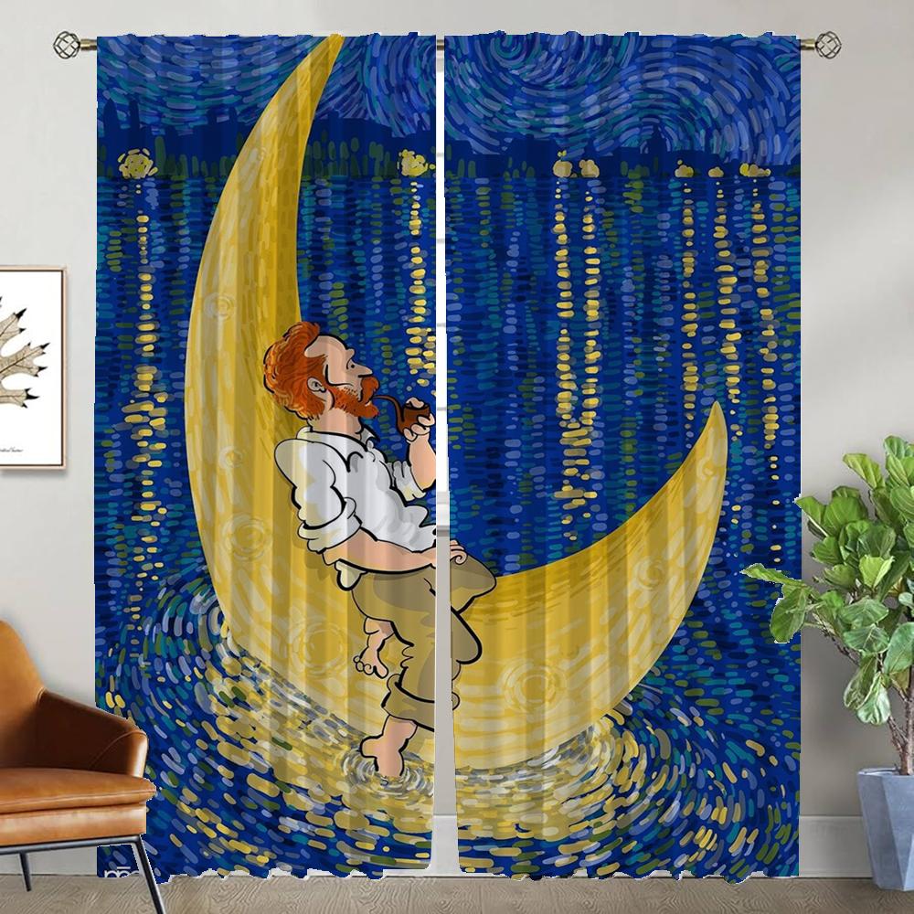 Elegant Room Curtains 2 Pieces Van Gogh Curtains for Bedroom Shades Partition Halloween Decoration Window Curtain Living Kitchen