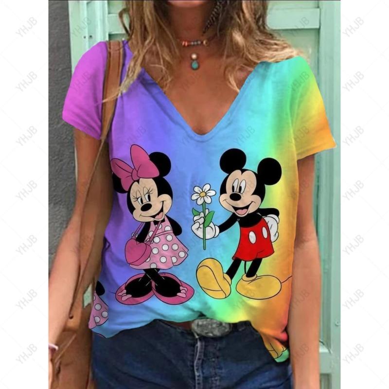 

Летняя новая женская футболка Disney Minnie Mickey Mouse Print V-образный вырез с коротким рукавом блузка модные футболки больших размеров для женщин топ 2XL