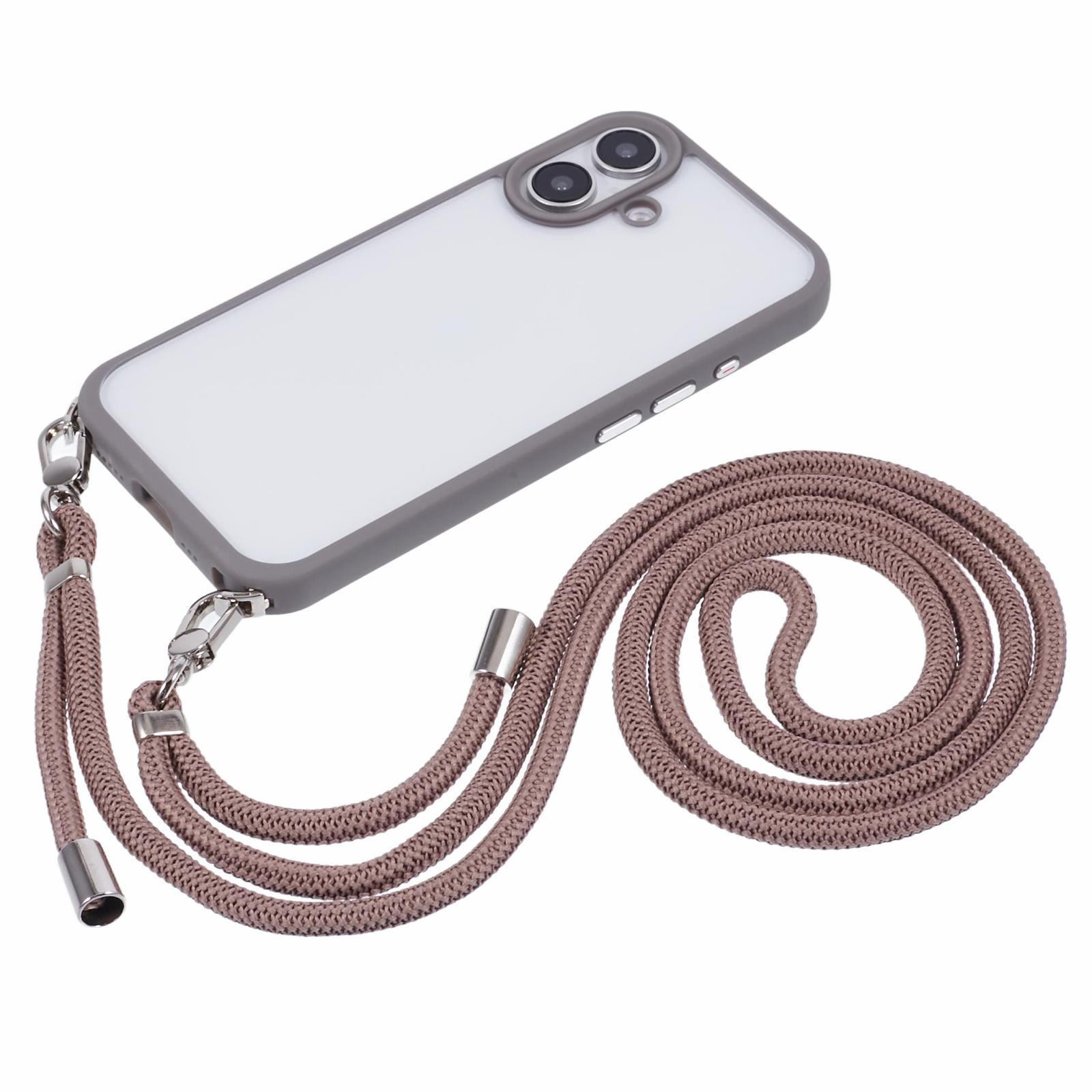 

For iPhone 16 Case TPU+PC Crystal Clear Back Cover with Lanyard Grey