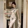 New Chinese style national style waist and thin *** stand neck split fork high-end elegant cheongsam slim long hip wrap dress