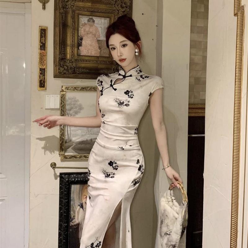 New Chinese style national style waist and thin *** stand neck split fork high-end elegant cheongsam slim long hip wrap dress