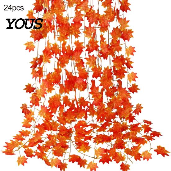 Orange Red Autumn Leaf Decor Artificial Maple Garland, Hanging Plant Fake Fall Wall Rattan, Gradient Leaves for Thanksgiving Home Foliage Vines