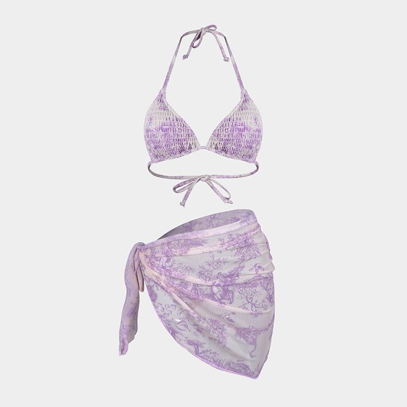 TS JYL-BK045 Mesh Skirt Three-Piece Bikini, Print Triangle Slim Swimwear For Vacation