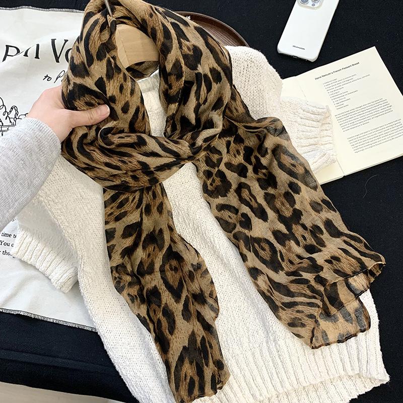 Retro Coffee Leopard Print Silk Scarf Neck Women's Thin Silk Scarf Long Strip High-end Scarf Shawl