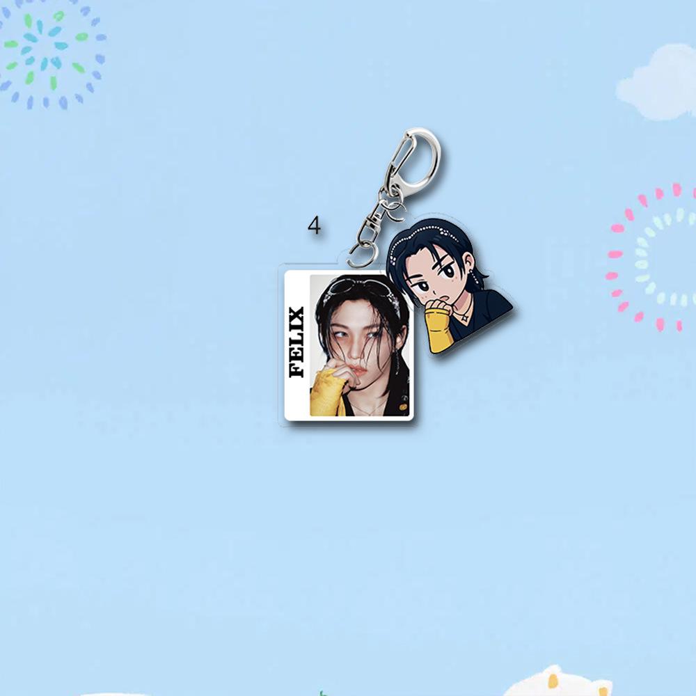 Stray Kids Doppel-Charms Acryl-Schlüsselanhänger, Kpop-Mitglied Echtfoto + Niedlicher Cartoon-Anhänger, STAY Fans Sammlerstück Taschenzubehör Schlüsselanhänger FELIX