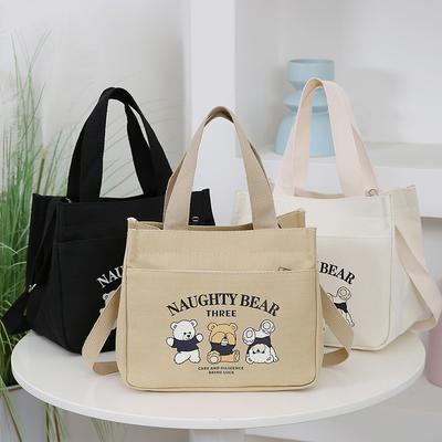 Bento-Tasche Damen Handtrage Canvas-Tasche Cartoon Bär bedruckte Handtasche Büroangestellte tragbare Großraum-Lunchbox-Tasche