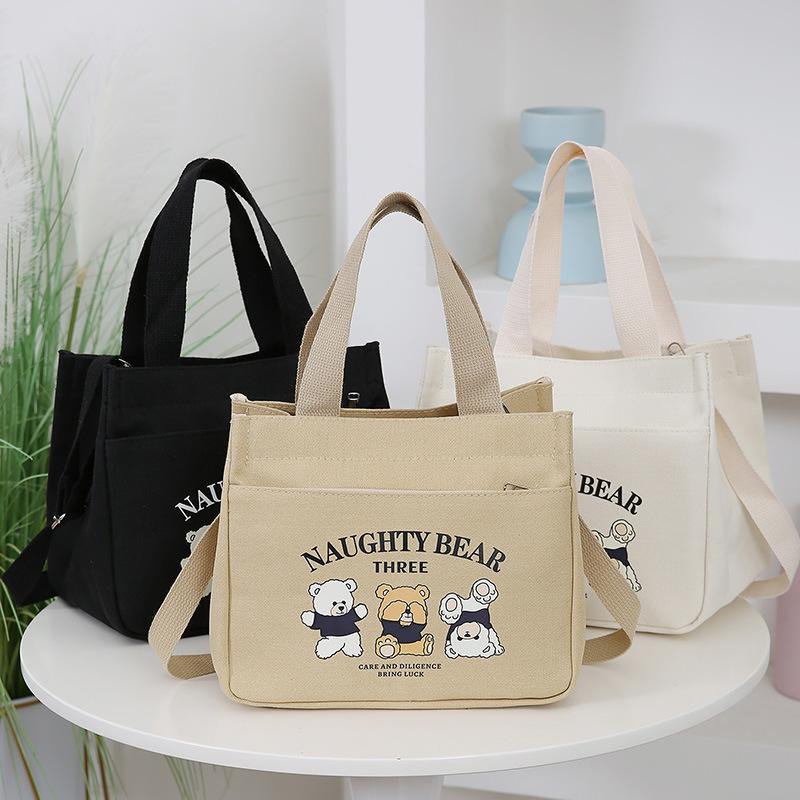 Bento bag Women's hand carry canvas bag Cartoon bear printed handbag Office worker portable large-capacity lunch box bag