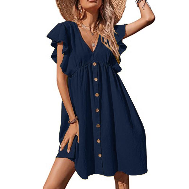 2026 European & American Plus Size Casual Summer V-Neck Button Midi Dress for Women Small темно-синий