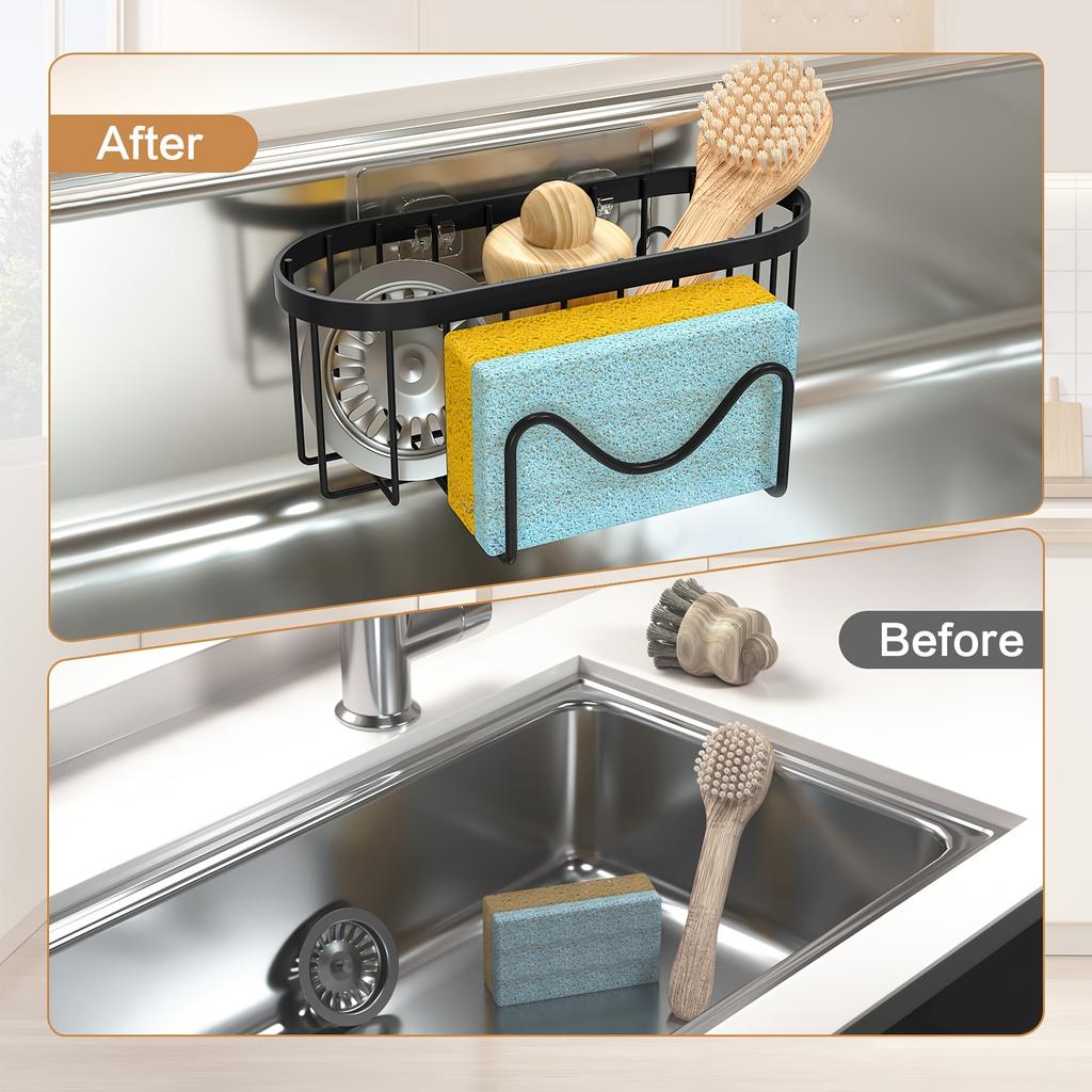 Soporte para Esponjas 2 en 1 de Acero Inoxidable para Fregadero de Cocina - Organizador Caddy Montado en Pared con Gancho Adhesivo y Ventosa, Perfecto para Esponjas, Cepillos