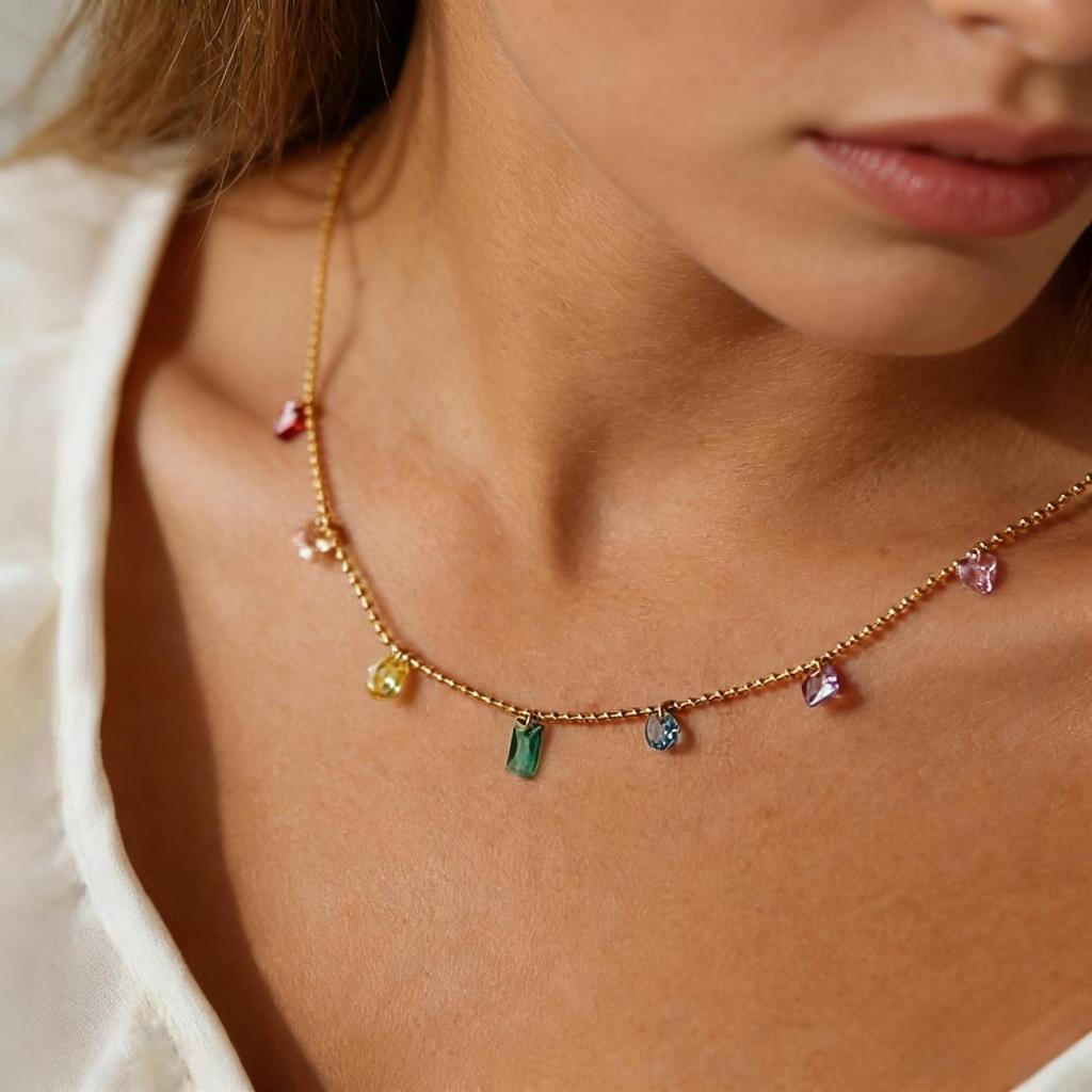 Colorful Summer Dream, Colored Zircon Necklace, Girl Stainless Steel O-Shaped Necklace Does Not Fade