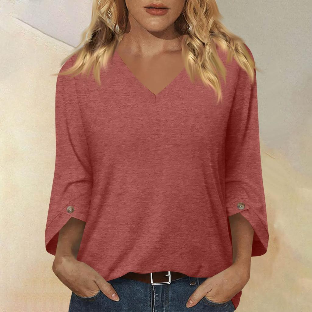 Womens V Neck Three Quarter Sleeve Blouse Loose Fit Button Lightweight Pullover Top for Casual Office Wear