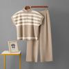 Cross-Border Foreign Trade Minimalist Fashion Suit Stripes Zipper Knitting Tops + Fashion Slim-Fit Wide-Legged Pants Two-piece Set Women