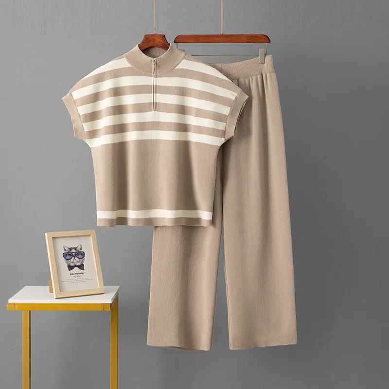 Cross-Border Foreign Trade Minimalist Fashion Suit Stripes Zipper Knitting Tops + Fashion Slim-Fit Wide-Legged Pants Two-piece Set Women