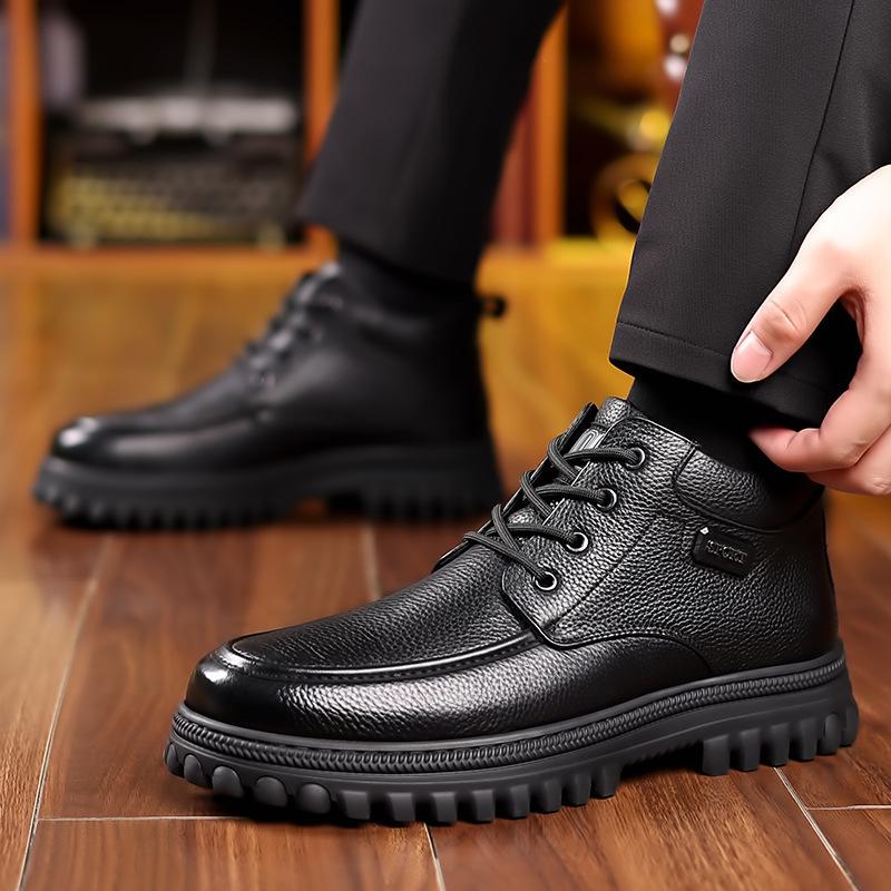 High-top leather boots 2026 winter new products fleece thickened warm snow boots fleece leather shoes