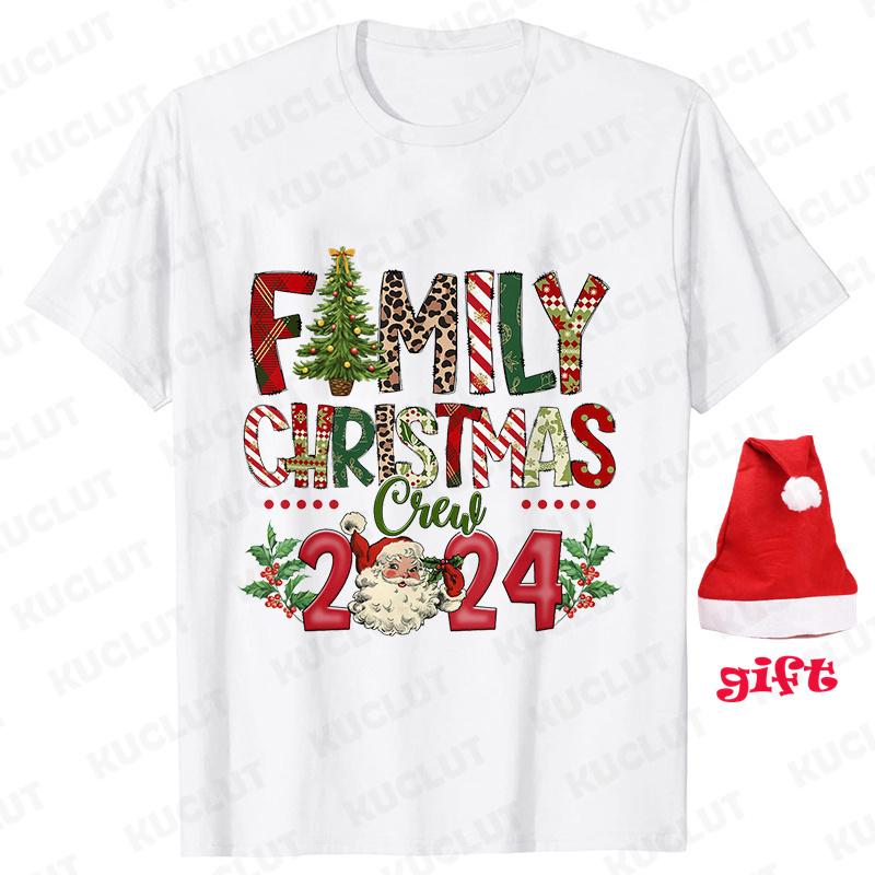 Merry Christmas Outfits Family Xmas Crew 2024 Print Matching Outfits Short Sleeve Family Tees Shirt with Christmas Hat Gift