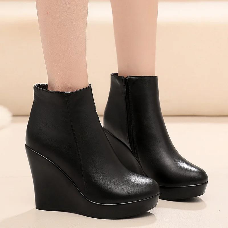 8cm 10cm Small Size 33-41 Comfortable Fall Winter Genuine Leather Boots Platform Wedges Shoes 2025 High Heels Ankle Botas Office