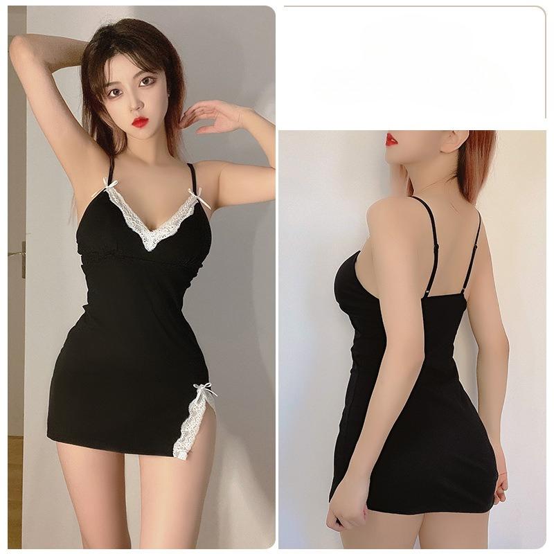 

Women’s Sexy Lace Backless Deep V Cotton Cami Nightgown and Brief Set Cute Bow Detail Side Slit Slim-Fit Sleepwear чорний
