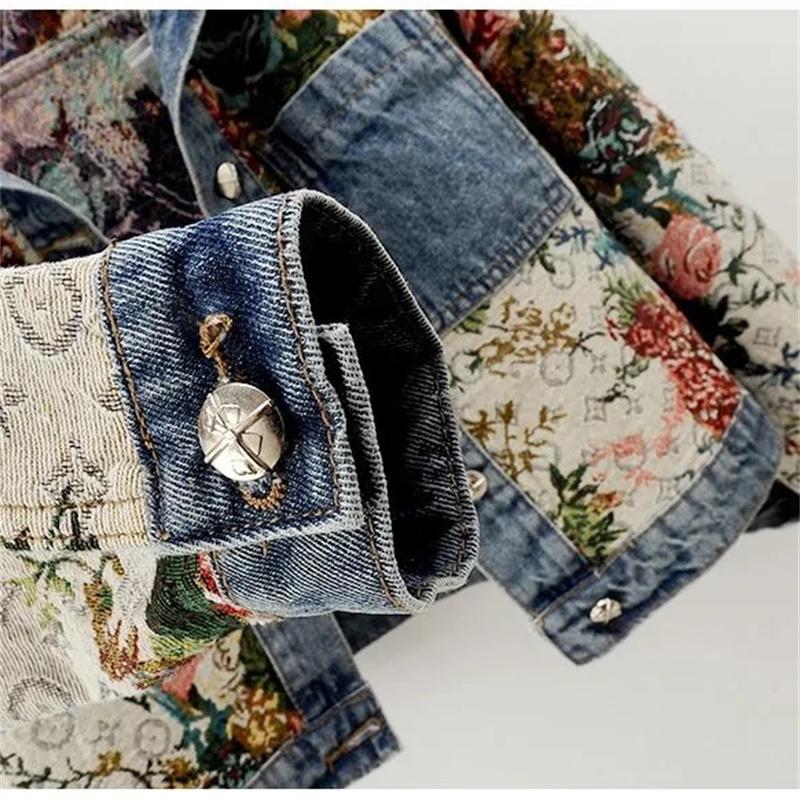 Women's Cowboy Coat Spring Summer Lapel Collar Versatile Ladies Denim Jacket Fashion Printing Splicing Lady Outerwear