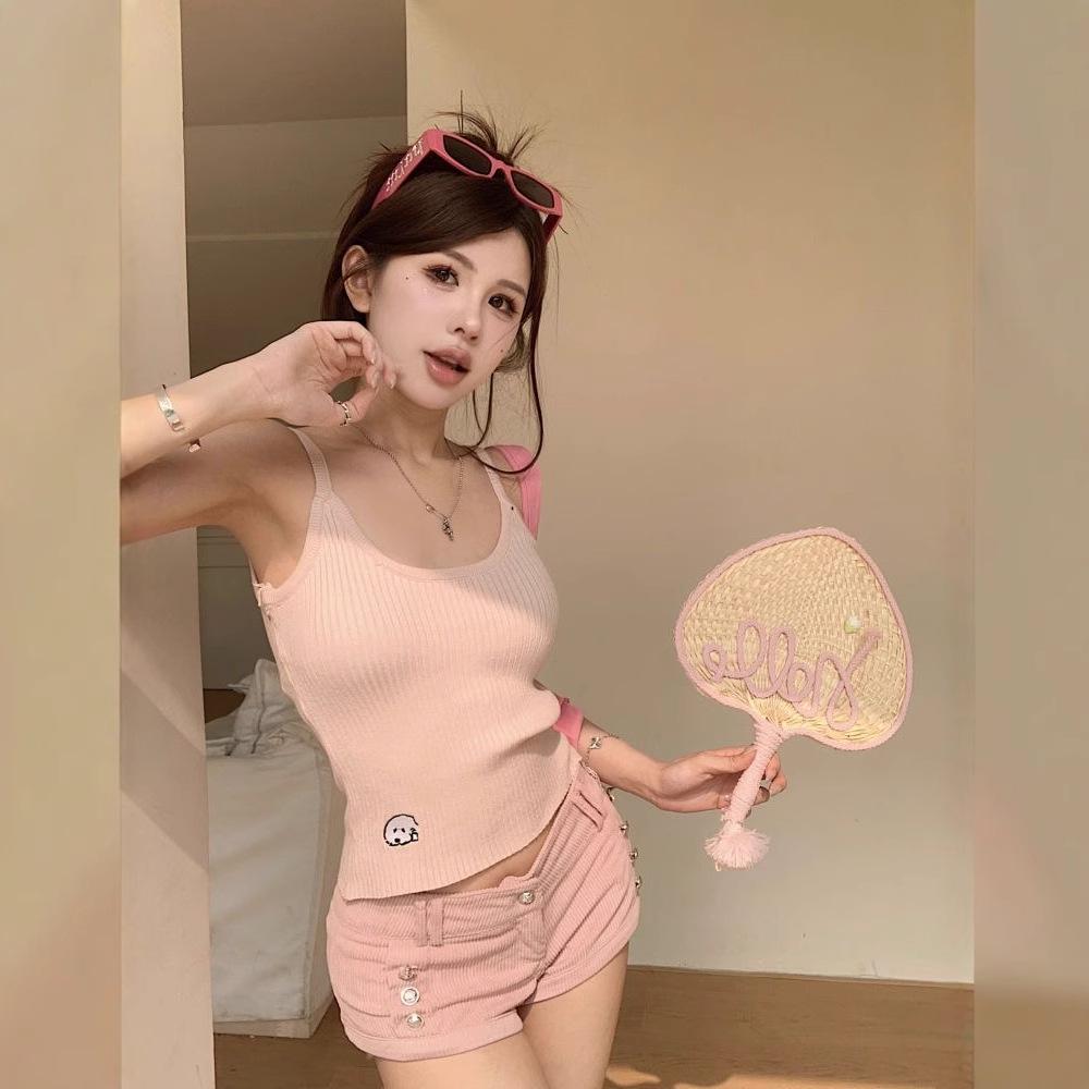 Spring 2025 Cartoon Embroidery Camisole: Women's Sweet & Spicy Slimming Top