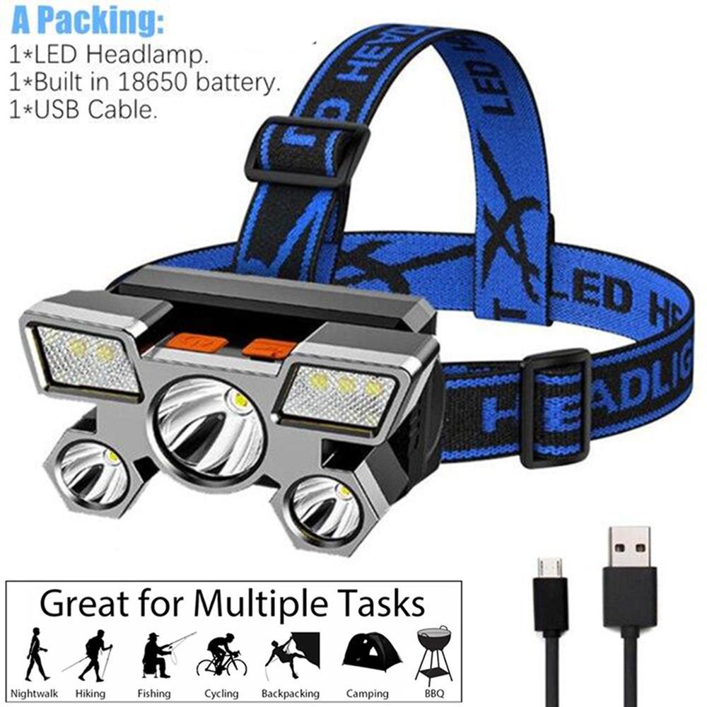 5 LED Headlamp with 18650 Battery USB Rechargeable Strong Light Super Bright Head-Mounted Flashlight Night Fishing Headlight Outdoor Camping Headlight