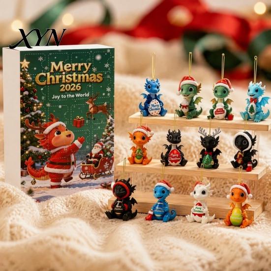 Creative Holiday Gifts for Kids 2026 Dragon Advent Calendar, 24 Days Funny Baby Figures Christmas Countdown Acrylic Hanging Decorations 2D Cartoon